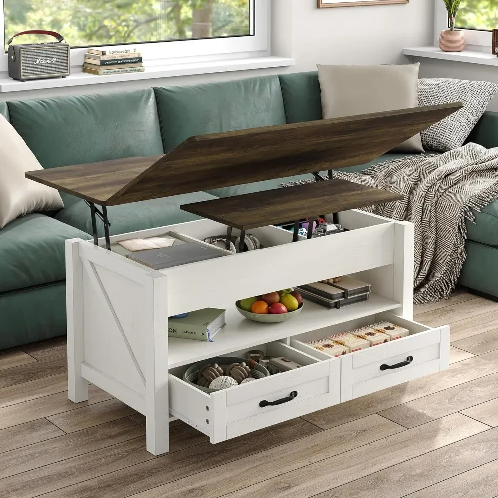 Coffee Table with 2 Storage Drawers and Open Storage Shelf, Retro Multi-Function Lift Top Coffee Table Converts to Dining