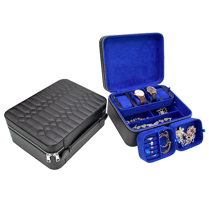 

High-end Black Leather Watch Gift Organizer With Zipper Custom Personalized Velvet Crystal Necklace Jewelry Drawer Box