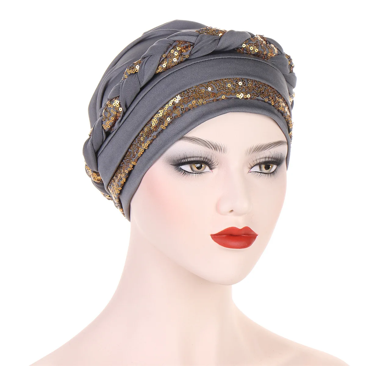 NEW Women Turban hats sequin Solid Braid Twist Caps Cancer chemotherapy Chemo Beanies Cap Headwrap Plated Hair loss cover 4