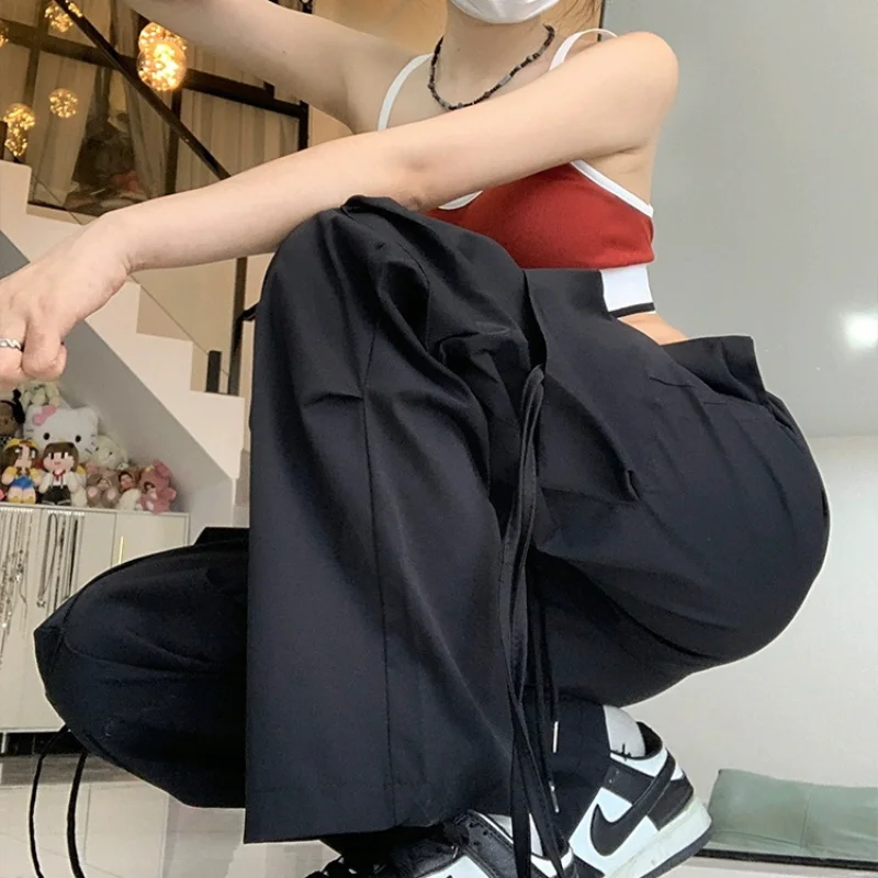 Hong Kong Winds Autumn Winter Cargo Pants Women's New High Waist Pockets Drawstring Fashion Loose Casual Versatile Trousers