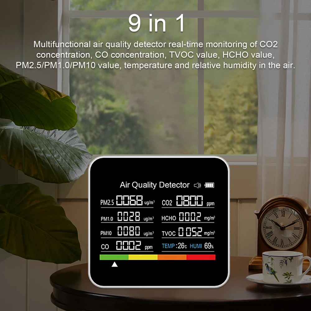 온도 및 습도 측정 이산화탄소 감지기, 9 in 1 대기질 모니터, CO2 계량기 CO TVOC HCHO PM2.5 PM1.0 PM10