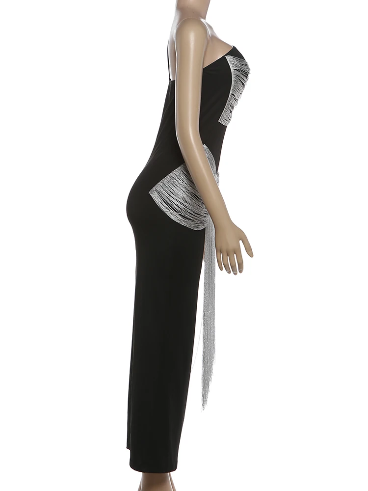 Kliou Quasten-Dekor Abendkleid Damen Unregelmäßiger Schräger Kragen Rückenfreies Ärmelloses Hochgeschnittenes Elegantes Langes Bodycon-Kleid – Detail 4