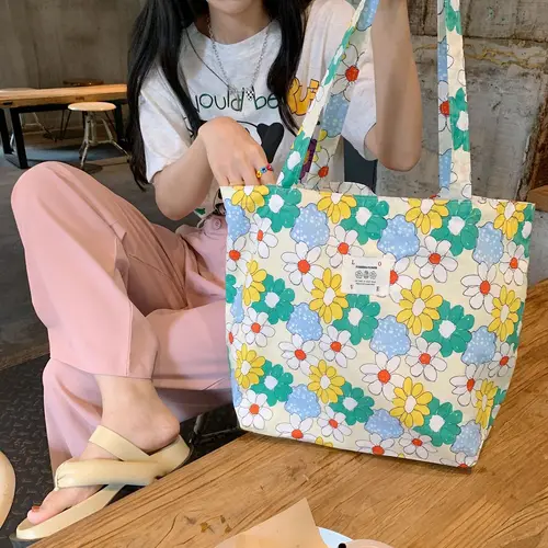 여성용 꽃무늬 캔버스 토트백, 대용량 프린트 숄더백, 쇼핑백, 여성 패션, 캐주얼 오픈 핸드백 6