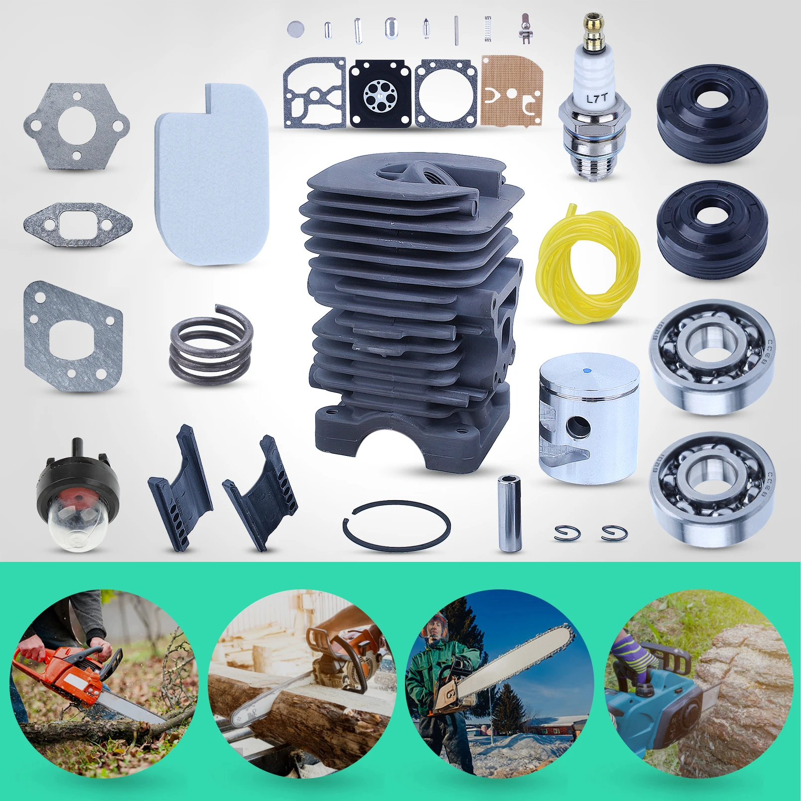 Chainsaw 41mm Cylinder Piston Kit For Poulan P3314 P3416 P3816 P3516PR With Spark Plug, Primer Bulb, Gasket Set, Carb Kit 5