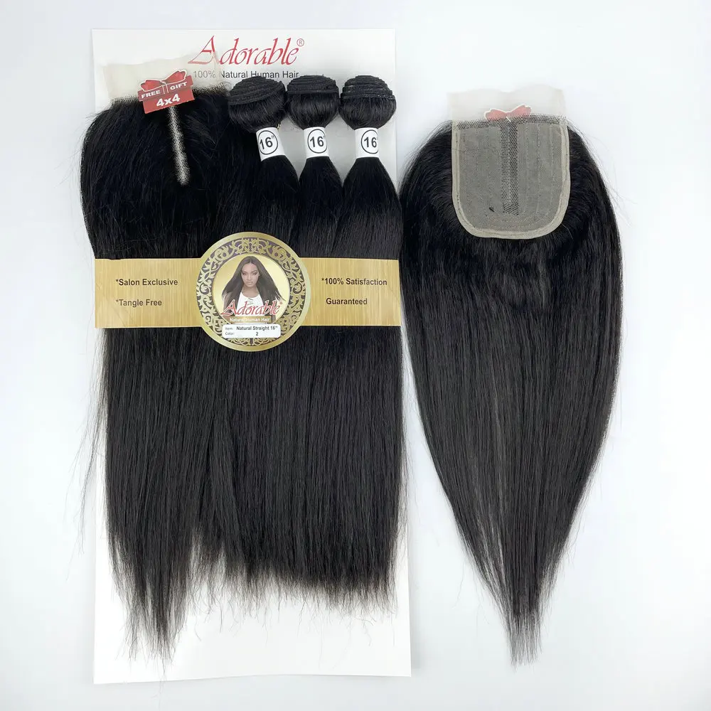 Adorable Animal Mix Synthetic Hair extensions Full Pack Solution Yaki Straight 3+1 With T Part Lace Closure ,