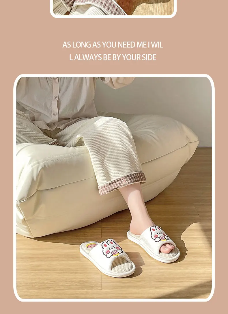 Comwarm Niedliche Cartoon-Hausschuhe für Damen, Sommer, Leinen, Damen-Hausschuhe, Herren, flache Flip-Flops, für den Innenbereich, rutschfeste Baumwoll-Hausschuhe – Detail 4