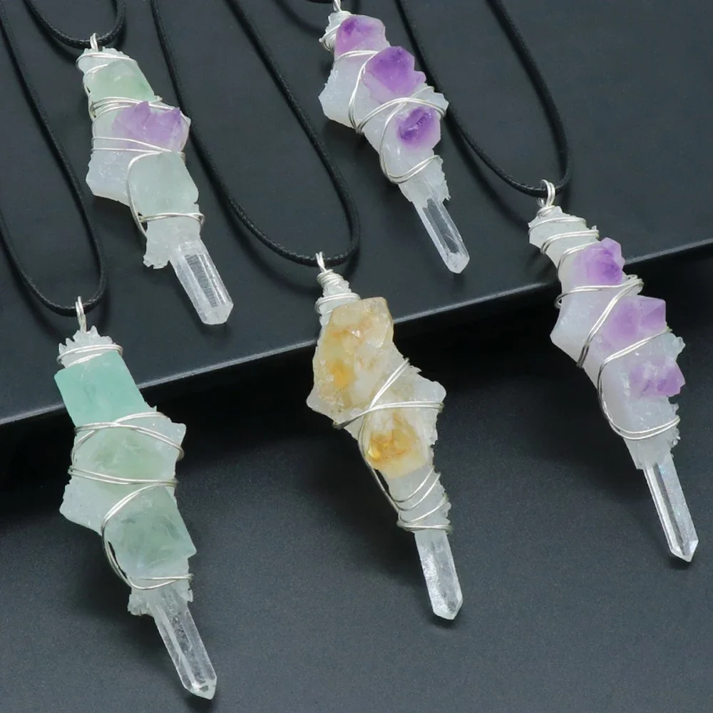 3PCS Reiki Healing Crystal Natural Stone Clear Quartz Original Stone Pillar Resin Winding Pendant Necklace Charm Necklaces