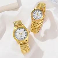 2 PCS Of Gold Retro Round Pointer Quartz Watch Classic Simulation Elastic Band Watch Suitable For Both Male And Female Couples - Image 3