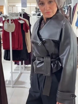 Giacca vintage in ecopelle da donna Colletto rovesciato solido Cappotti monopetto 2025 Cappotto casual chic da donna all'inizio dell'autunno 1