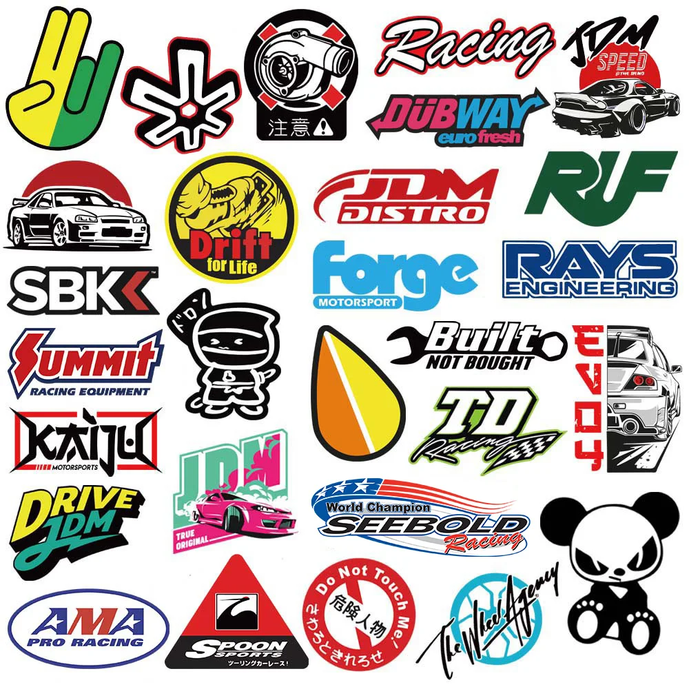 10/20/50/100 Stück coole Rennwagen-JDM-Aufkleber, Abziehbilder, Laptop, Skateboard, Gepäck, Telefon, Helm, wasserdichte Motorrad-Aufkleberpackungen