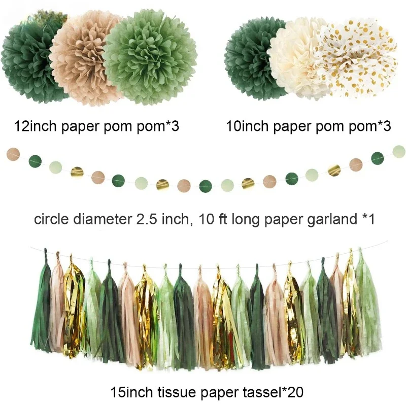 Rustic Sage Green Gold Cream Tissue Paper Pompom Dots Paper Garland Tassel Banner Hanging Safari Forest Birthday Party Decor party decorations birthday banner