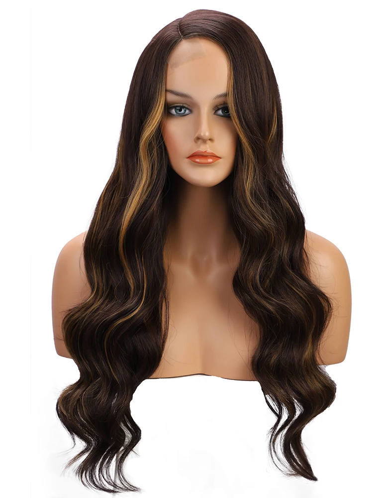 

StrongBeauty Synthetic Long Body Wavy Wig Brown Mixed Blonde Highlights Side Part Wig Natural Hairline Hair Replacement Wigs