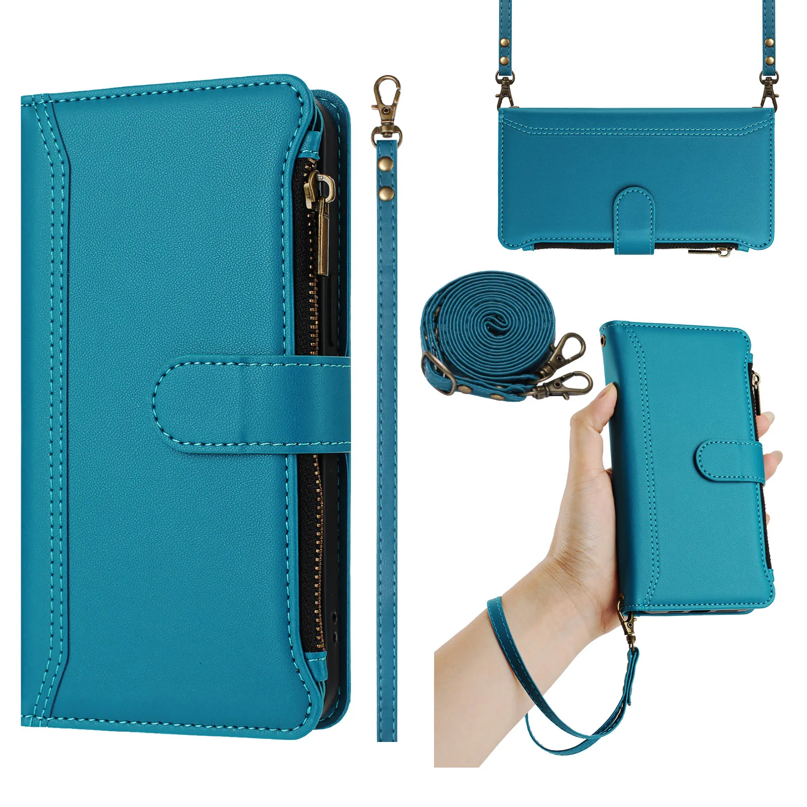 Multi-Card Leather Shoulder Wallet Case with Wireless Charging and Lanyard Flip Cover