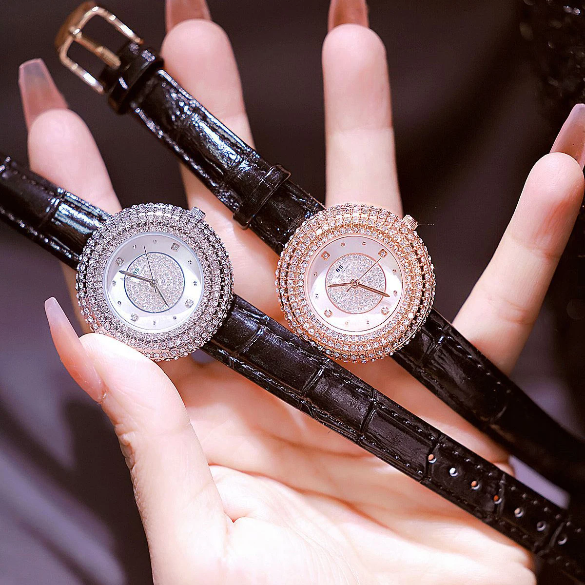 2023 New BS Women Watch Rose Gold Full Diamond Luxury Fashion Women's Dress Quartz Wristwatch Leather Strap Ladies Watches Gift