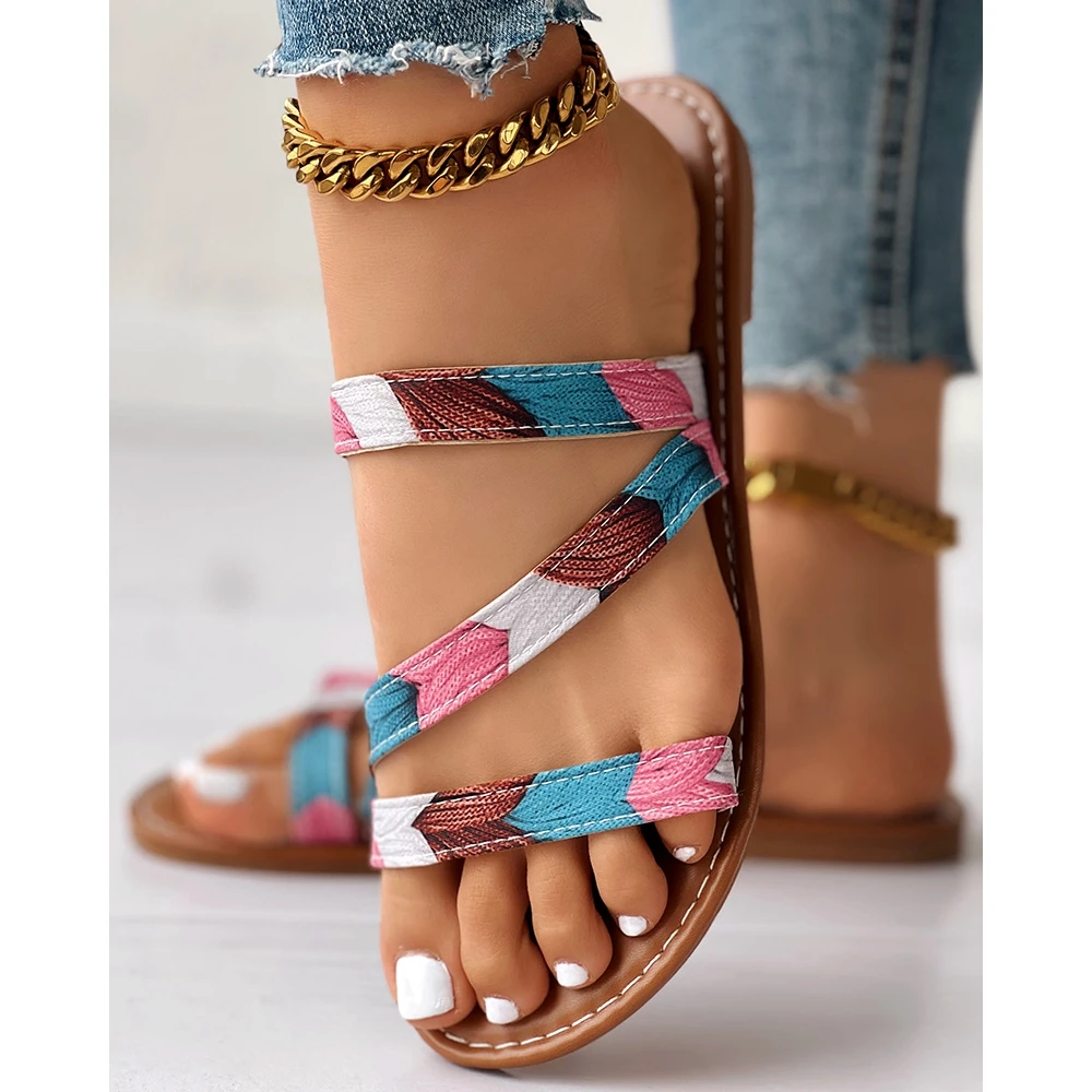 2024 Fashion Women Colorblock Strap Peep Toe Flat Sandals Lady Summer Casual Slingback Going Out Flats Party Shoes Sandals