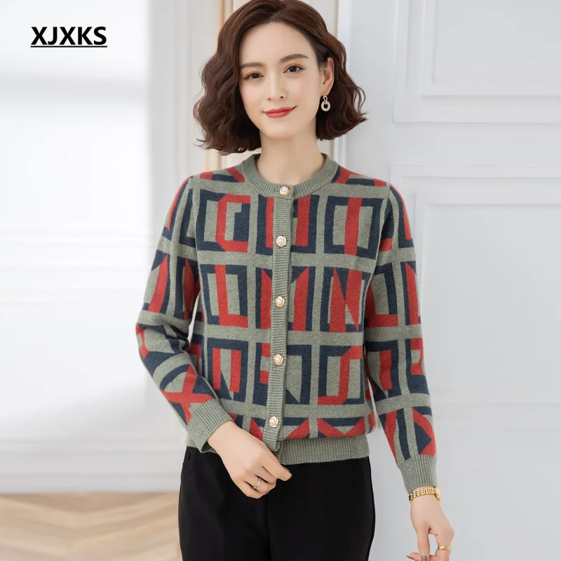 

XJXKS Round Neck Long-sleeved Women Single-breasted Cardigan 2022 Spring Autumn New Loose Plus Size Wool Knitted Jacket