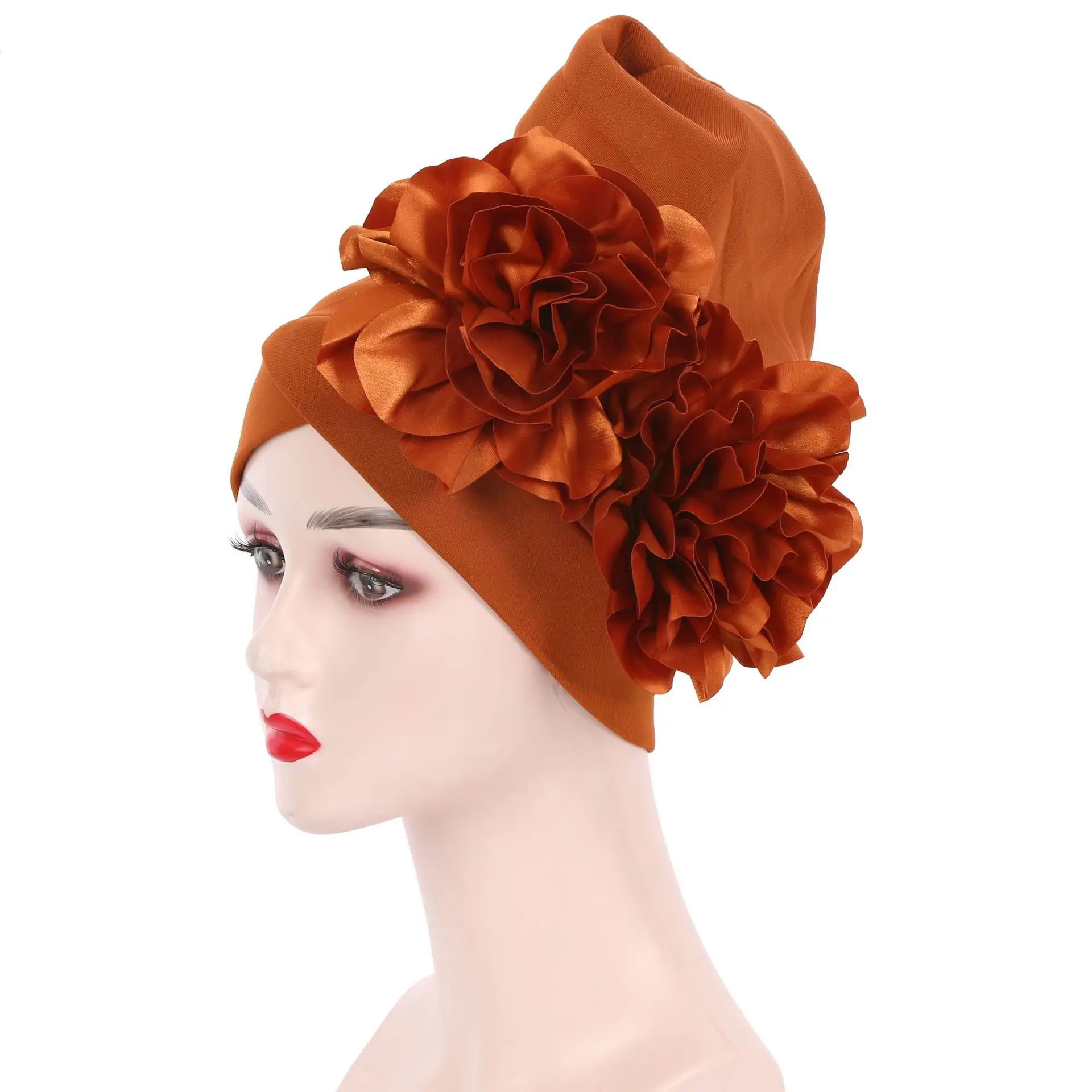 Trendy Silk Flower Turban Cap for Women Soild Color Beanies Hat Muslim Headscarf Hijab Bonnet Female Head Wraps Turbante Mujer 4