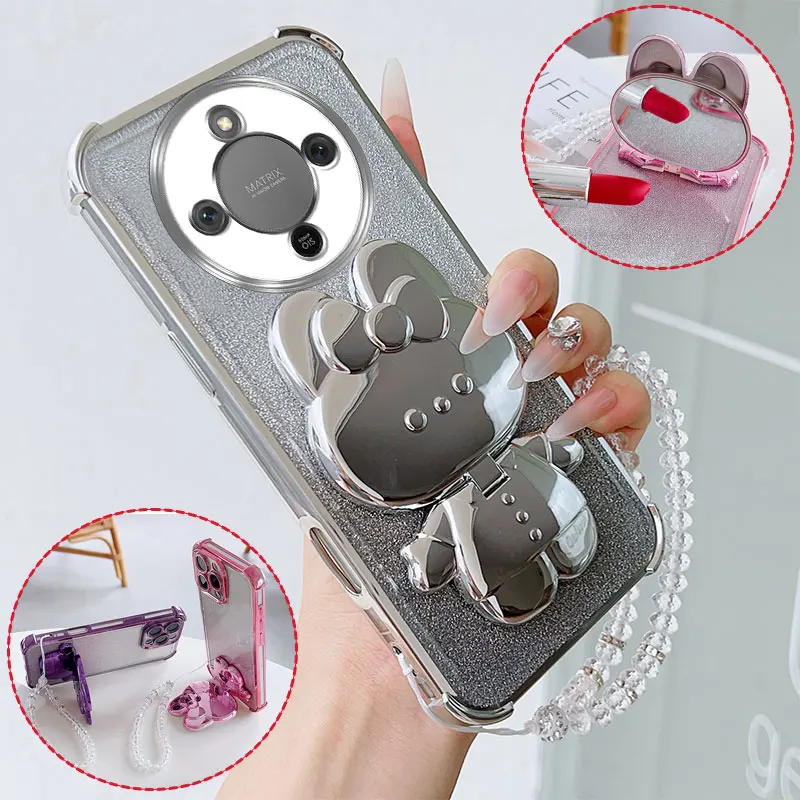 Shockproof Phone Case with Rabbit Makeup Swivel Stand and Crystal Lanyard