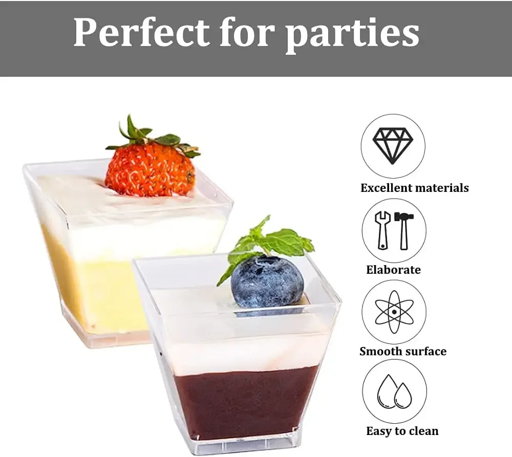 25-200Pcs 2/4/5OZ Square Mini Dessert Cup Set, Free Spoon, Transparent Parfait Appetizer Cup for Dessert, Appetizer, Ice Cream
