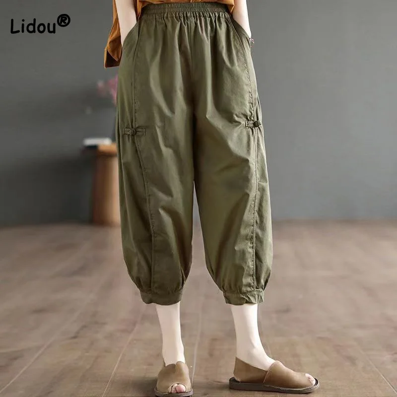 Cotton Seven Points Fashion Bloomers Trousers for Women Summer Thin Elastic High Waist Solid Color Pockets Casual Harem Pants