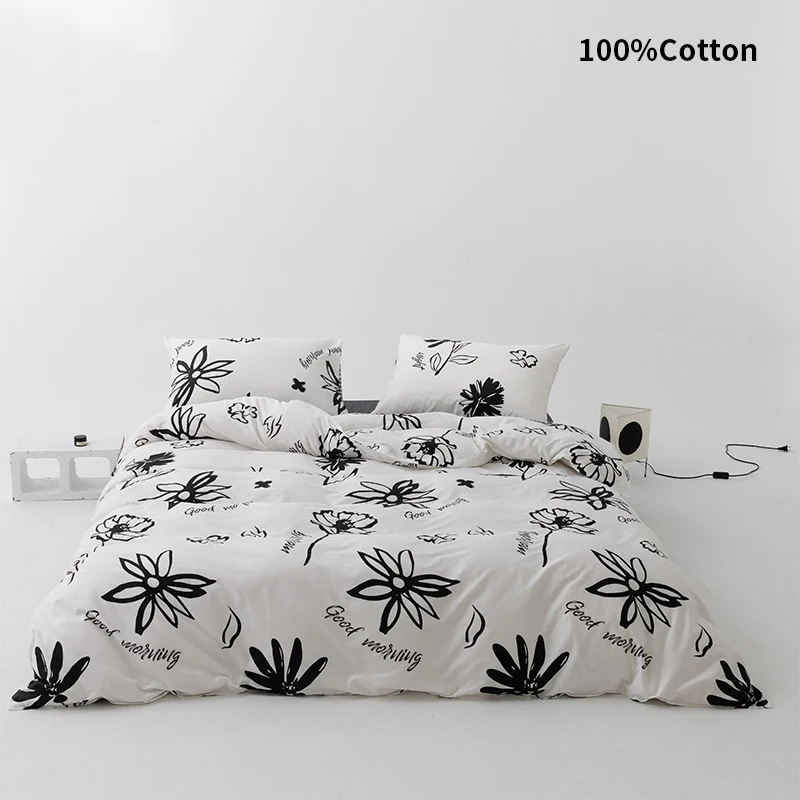 

100% Cotton Ins Simple style Duvet Cover,Bedding Set With Flowers,Skin Friendly Breathable,1 Duvet Cover,2 Pillowcase