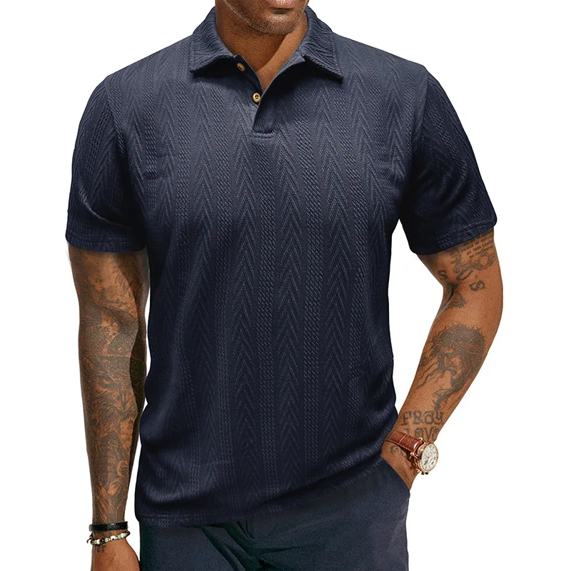 Stilvolle Kurzarm-Poloshirts für Herren in Hellgrau mit Zickzack-Textur, ideal für Freizeit- und Business-Freizeitkleidung für den Sommer – Detail 13