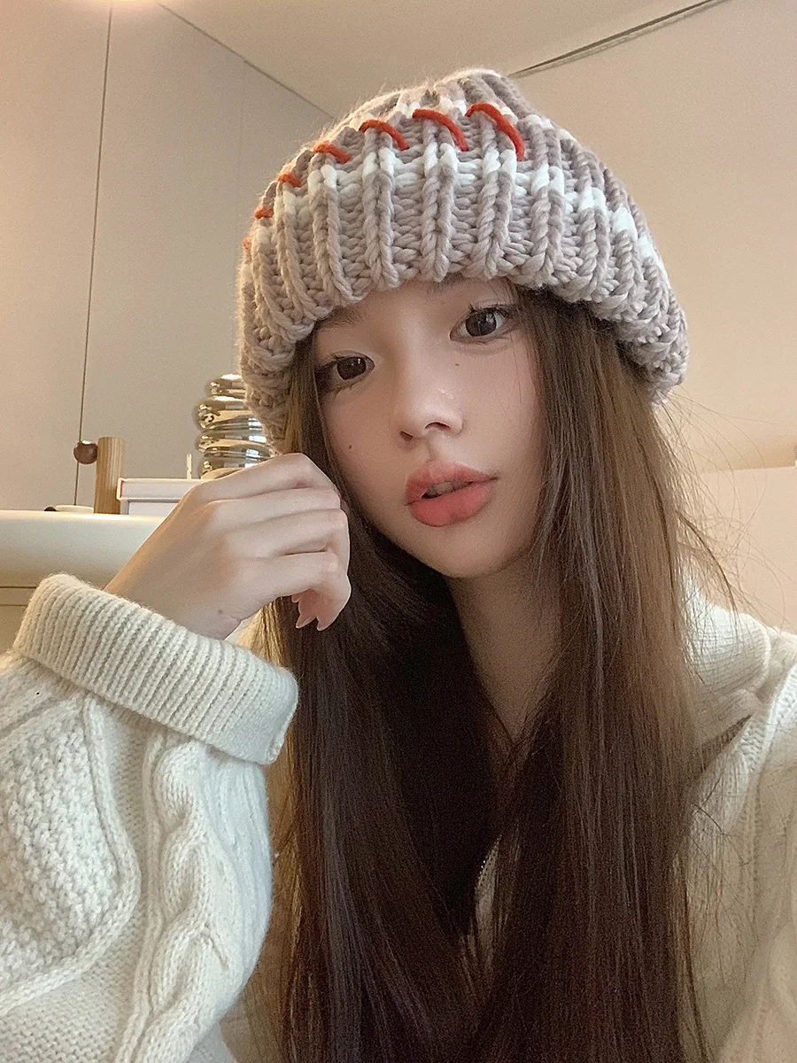Gebreide beanie muts dames gestreept dik winter warm retro stijl_voghion.com