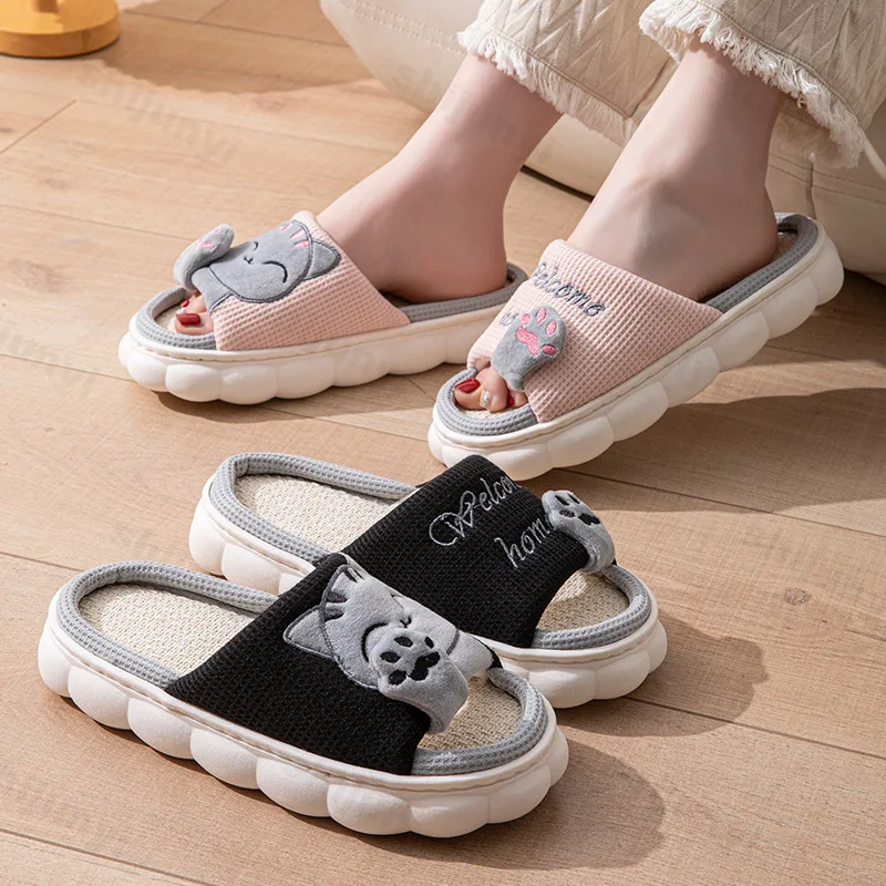 Women House Casual Slippers 2026 Spring Autumn Linen Platform Cute Cartoon Cat Floor Indoor Slippers Fashion Elegant Home Shoes