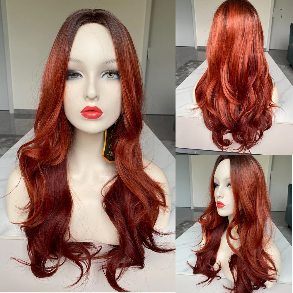 

VDFD Brown Blonde Wave Wig for Women Daily Cosplay Party Natural Middle Part Synthetic Long Wig Heat Resistant