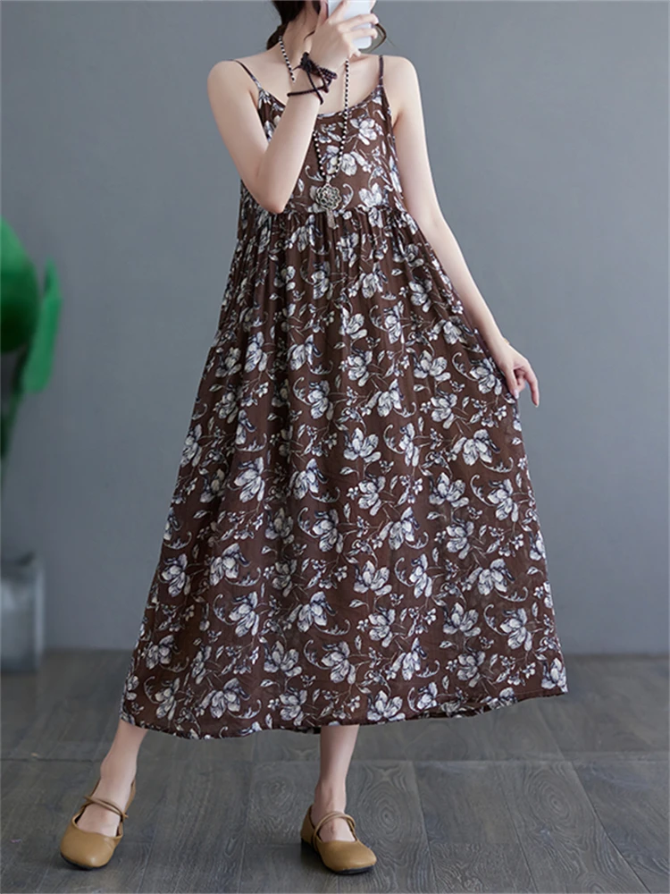 Cotton Sleeveless Spaghetti Strap Print Vintage Long Dresses For Women 2025 Summer Casual Thin Breathable Dress Femme Clothing