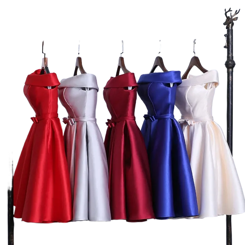 Color Size Boat Neck Satin Party Ball Robe Girl Short Bridesmaid Dresses Sweet Memory Knee-Length Wedding Party Dress