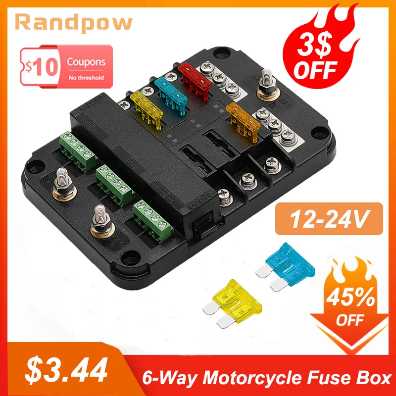 

Randpow Motorcycle Fuse Box Car Boat Marine Holder 6 Way Blade Fuse With Independent Control 12-24V Power Distribution Panel Boa