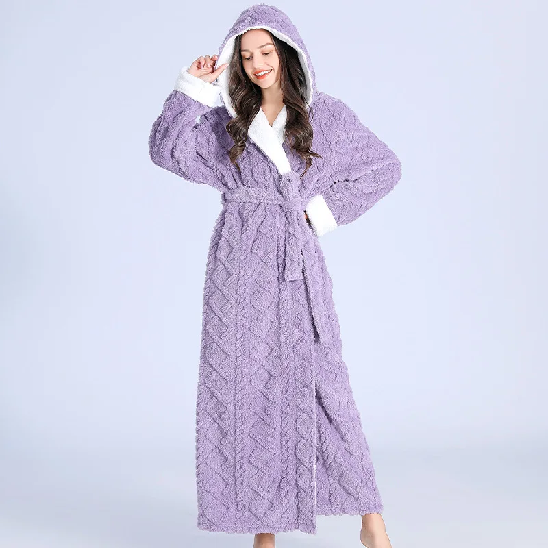 Thick Women Warm Bathrobe Solid Hooded Warm Ladies Dressing Gown Long Sleeve Fleece Pockets Flannel Bath Robe For Female