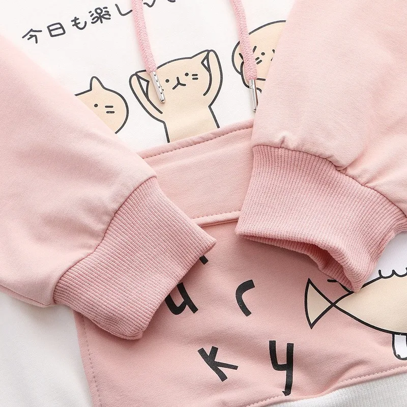 Pink Kawaii Hooded Pullovers 2023 Spring Soft Streetwear Tops for Girls Women Harajuku Japanese Sweet Cute Cat Fish Hoodies New