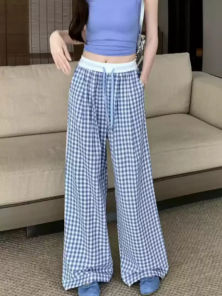 Women Wide leg Plaid Pants Summer Elastic Waist Stright Long Loose Pants Casual Female Soft Pants Basic Long Trousers
