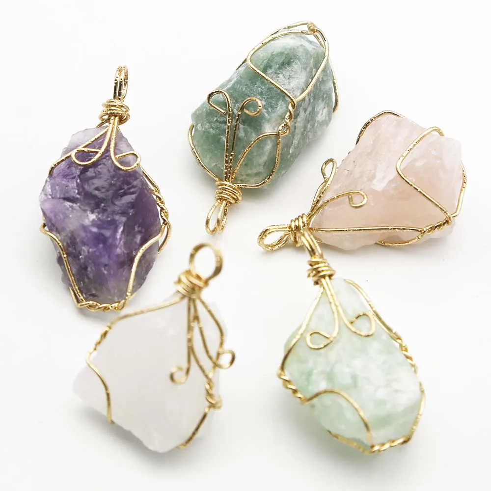 Quality Natural Raw Ore Irregular Winding Wire Necklace Pendants Crystal Quartz Charms Jewelry Accessories Making Wholesale 8Pcs