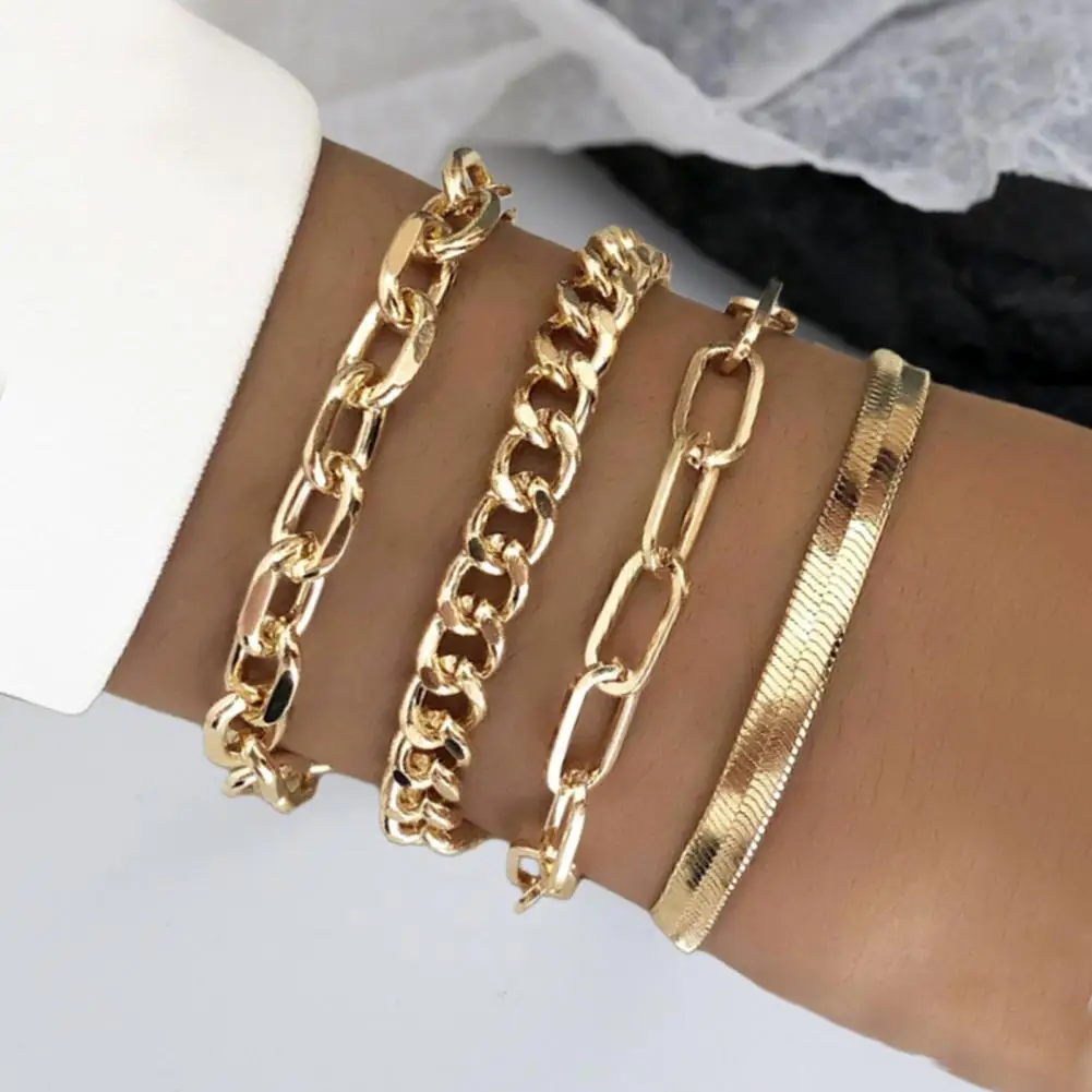 4Pcs/Set Women Bracelet Elegant Golden Adjustable Alloy Herring Bone Link Chain Teen Girls Bangle Fashion Jewelry
