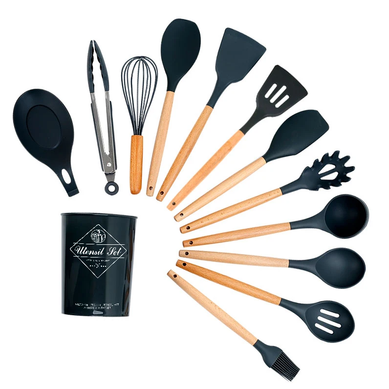 AJOYOUS Kitchenware Tool Cooking Utensils Set Black Non-Stick Cookware Silicone Spatula Ladle Egg Beaters Shovel Accessories
