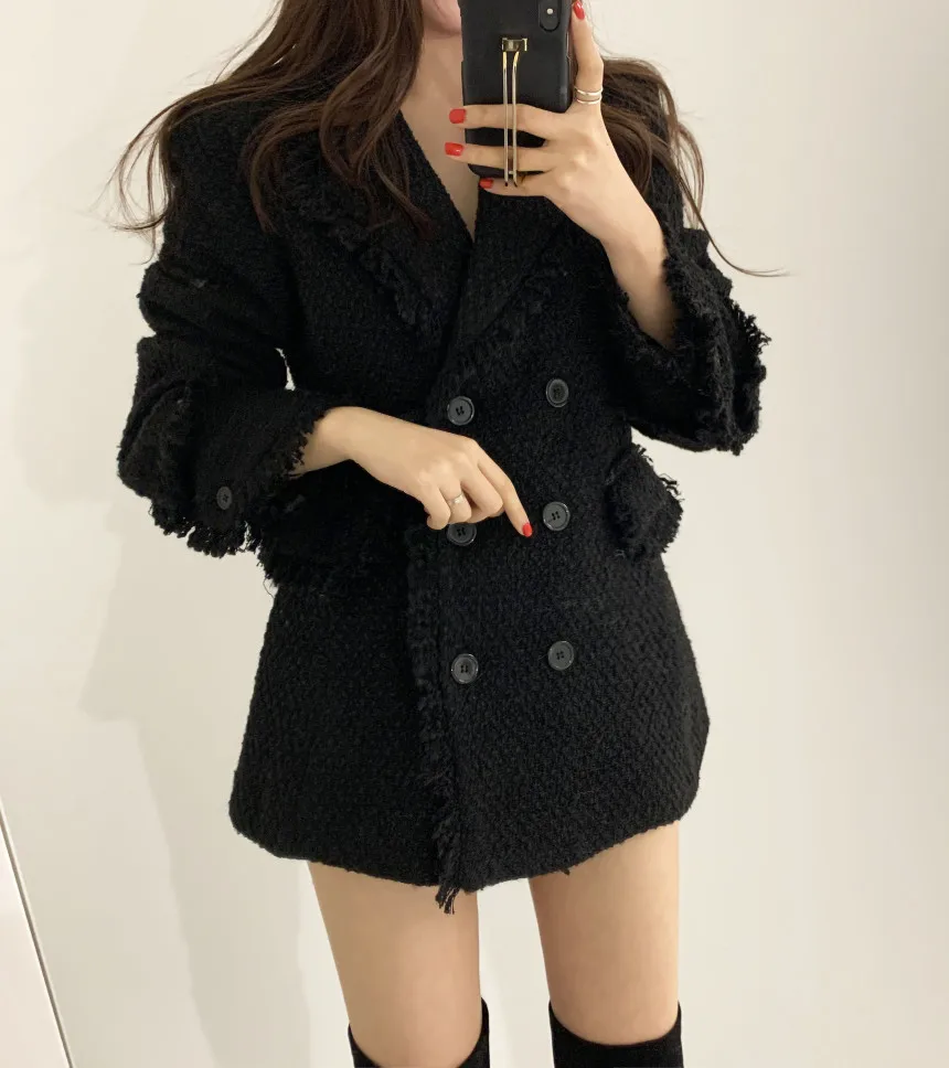 

Small vintage tweed double-breasted furred suit jacket women's autumn and winter temperament simple tweed dress