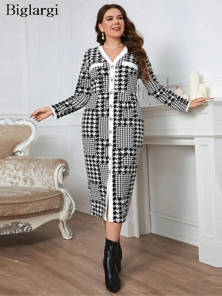 

Plus Size Autumn Midi Dress Women Long Sleeve Plaid Bodycon Ladies Dresses Elegant Modis Woman Dress 2023
