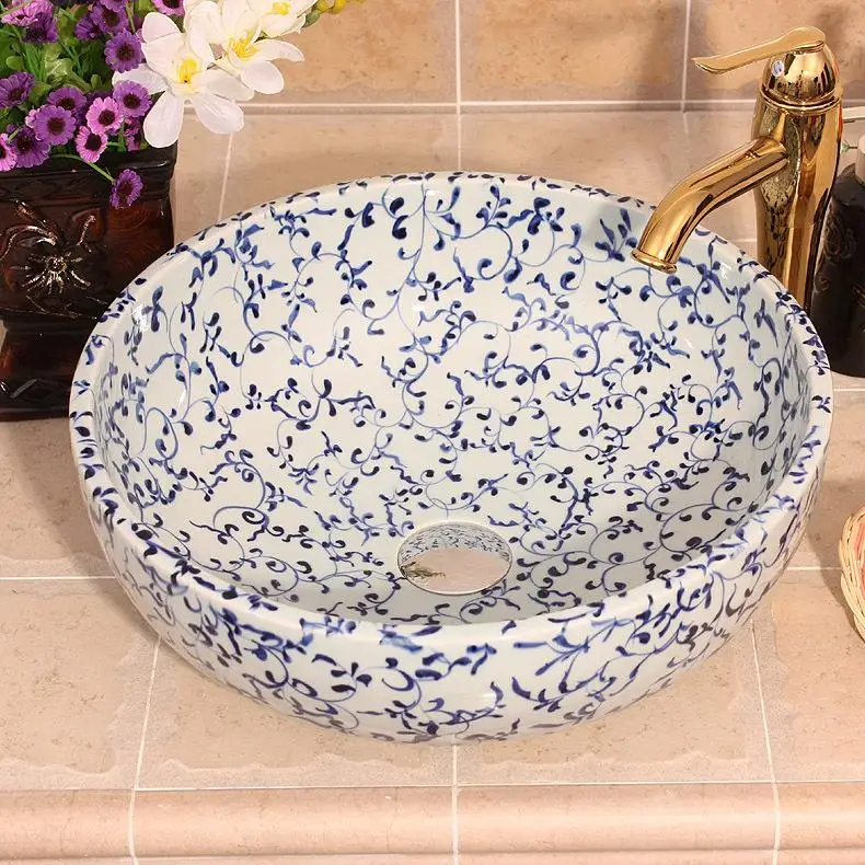 

Europe style flower shape chinese washbasin sink Jingdezhen Art Counter Top ceramic bathroom sink table top wash basin