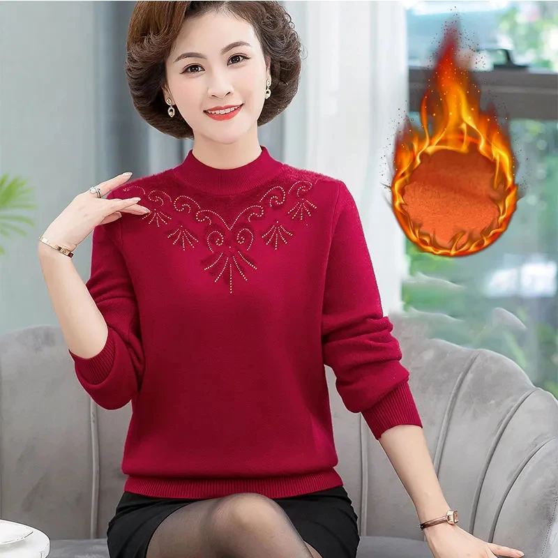 Middle-aged Womens Pullovers Sweaters Autumn Winter Plus Velvet Warm  Knitting Sweater Mother Clothing Long Sleeve Sweater Tops - Pullovers -  AliExpress