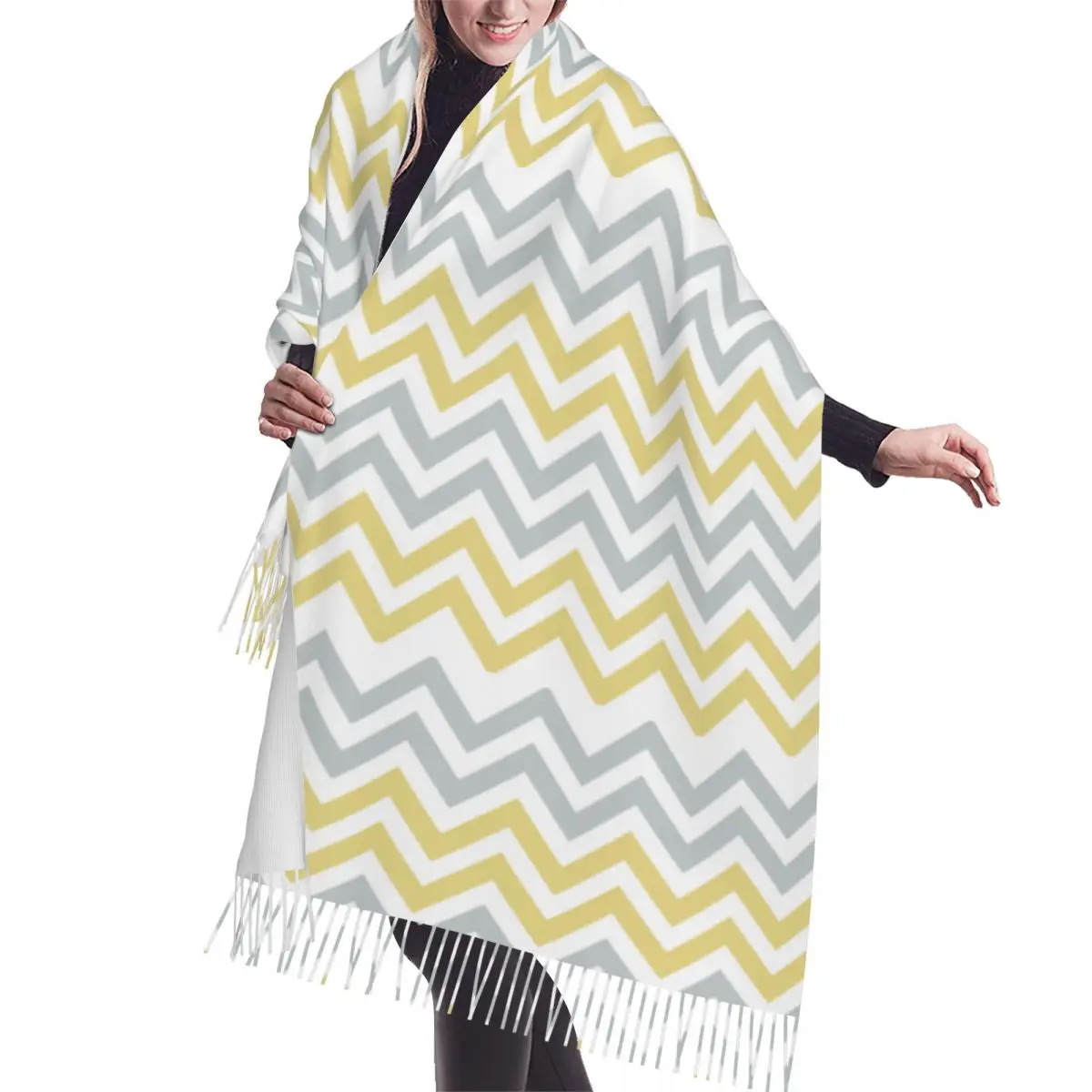 

Yellow And Gray Chevron Tassel Scarf Women Soft Bohemian Zig Zag Shawls Wraps Ladies Winter Fashion Versatile Scarves