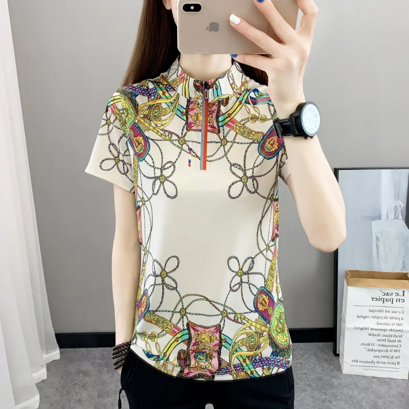 Casual Commuter Versatile Temperament Women's Clothing Summer Fashion Printed Zipper Standing Neck Short Sleeve Pullover Shirt men s summer sportswear deluxe gold chain polo shirt set low neck zipper clothing streetwear temperament casual wear s 3xl