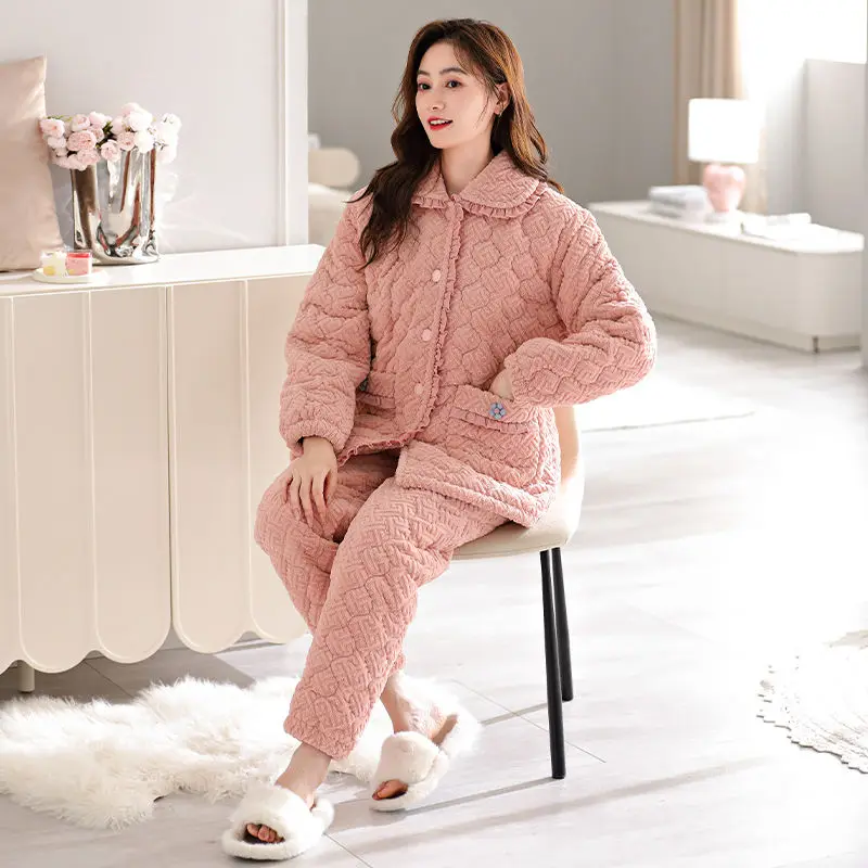 2024 Coral Velvet Three-layer Sandwich Cotton Pajamas Women's Winter Thickened Loungewear Warm Double-sided Velvet Homewear Set
