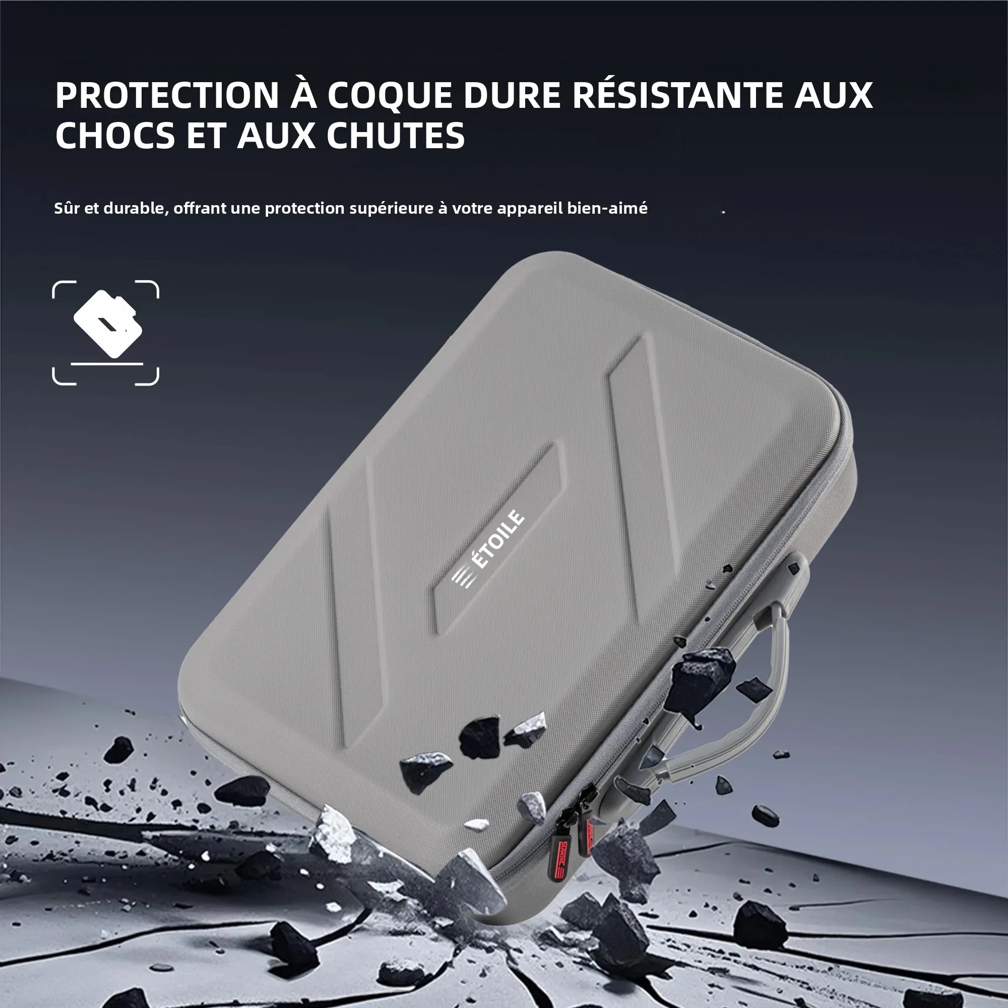 Mallette de transport rigide pour DJI Mini 5 Pro Fly More Combo, détail du matériau nylon/PU résistant à l'eau et aux chocs.
