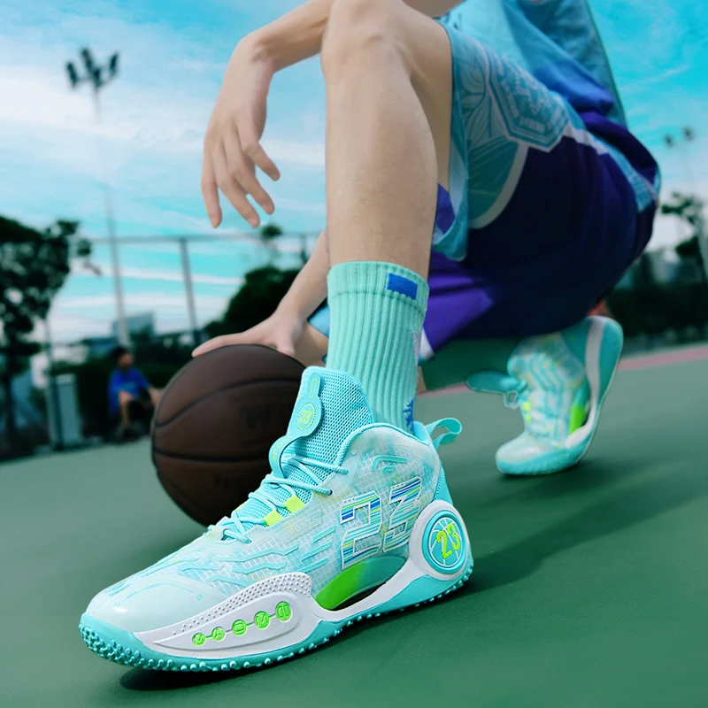 Trendy Blue Men's Basketball Sneakers Outdoor High Top Basketball Shoes For Men Women Breathable Non-slip Women's Training Boots