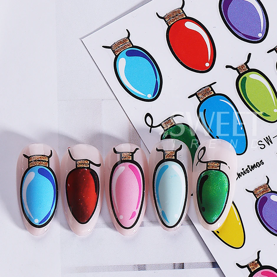 2pcs Christmas Light Bulb Nail Art Stickers 3D Colorful Light Bulb Pattern Design Adhesive Nail Decals DIY Manicure Decor Slider