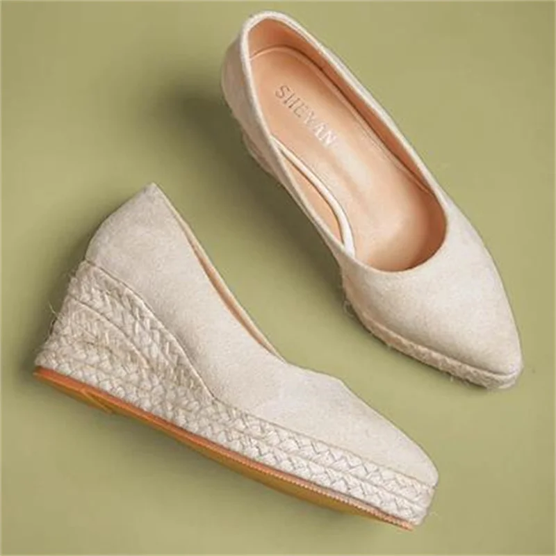 Женские туфли на соломенном каблуке, заостренный носок, бархатная обувь на танкетке, мягкие, Прошитые полоски Женские туфли на соломенном каблуке, заостренный носок, бархатная обувь на танкетке, мягкие, Прошитые полоски