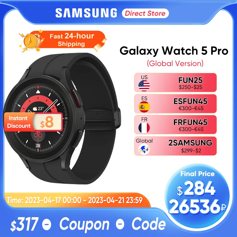 Samsung Montre Connectée Galaxy 5 Pro, Avec Écran En Verre Saphir, 45mm, Mesure De La Pression